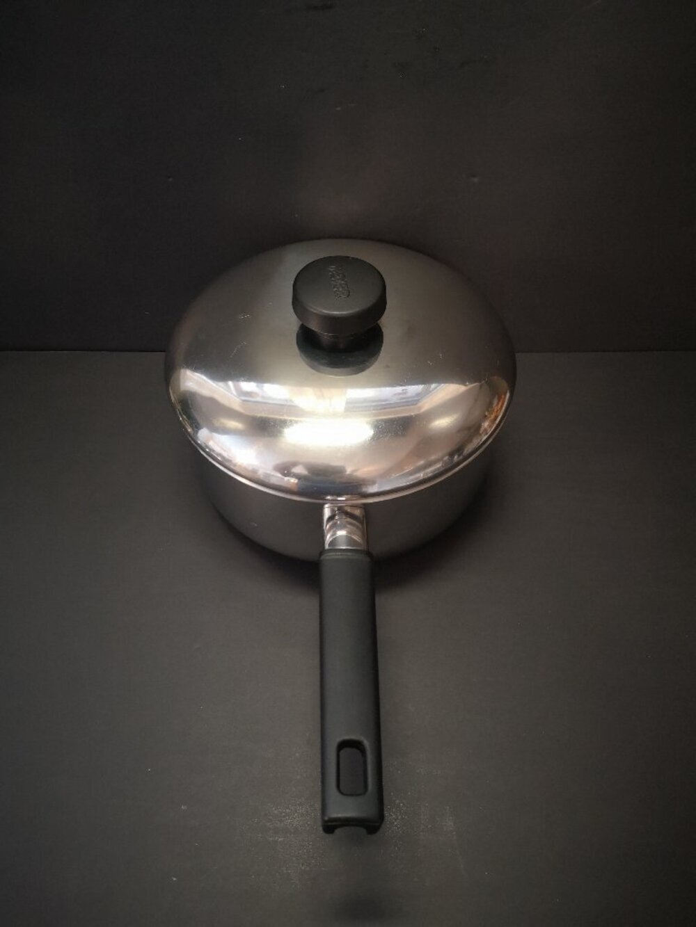 Meyer Stainless Steel Large Sauce Pan & Matching Cover w/ Black Handle & Knob